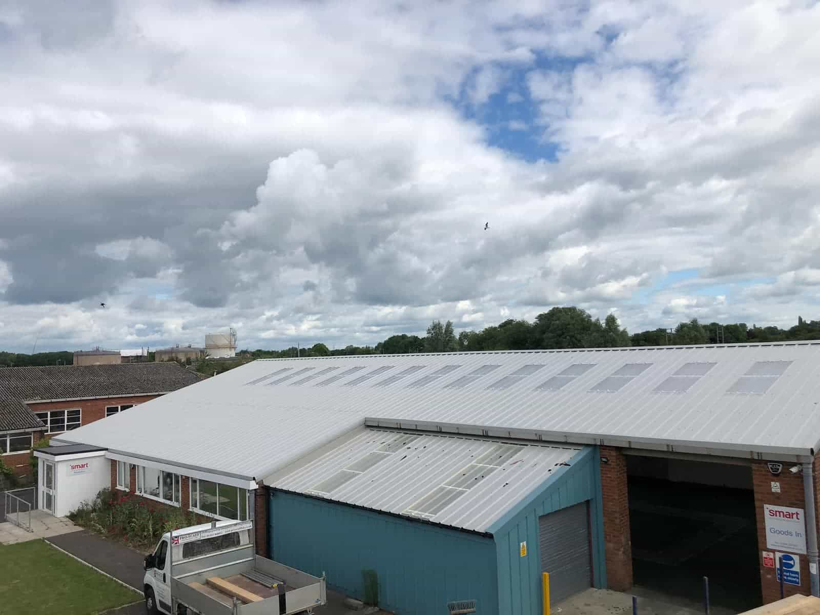 Outside view of the top of a metal roofed building